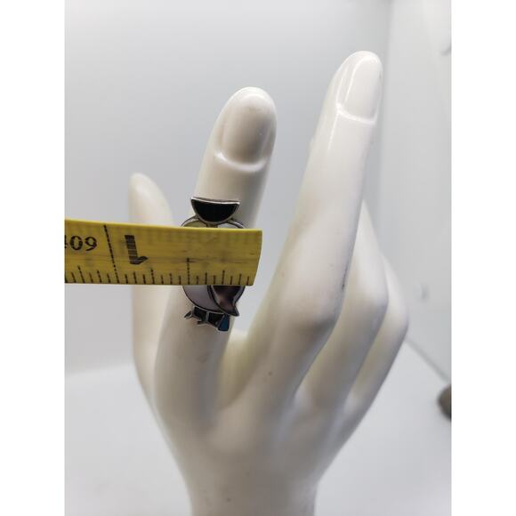 Vintage Southwestern Owl Inlay Ring Silver Turquoise MOP Shell Size 4 Native - Picture 7 of 12